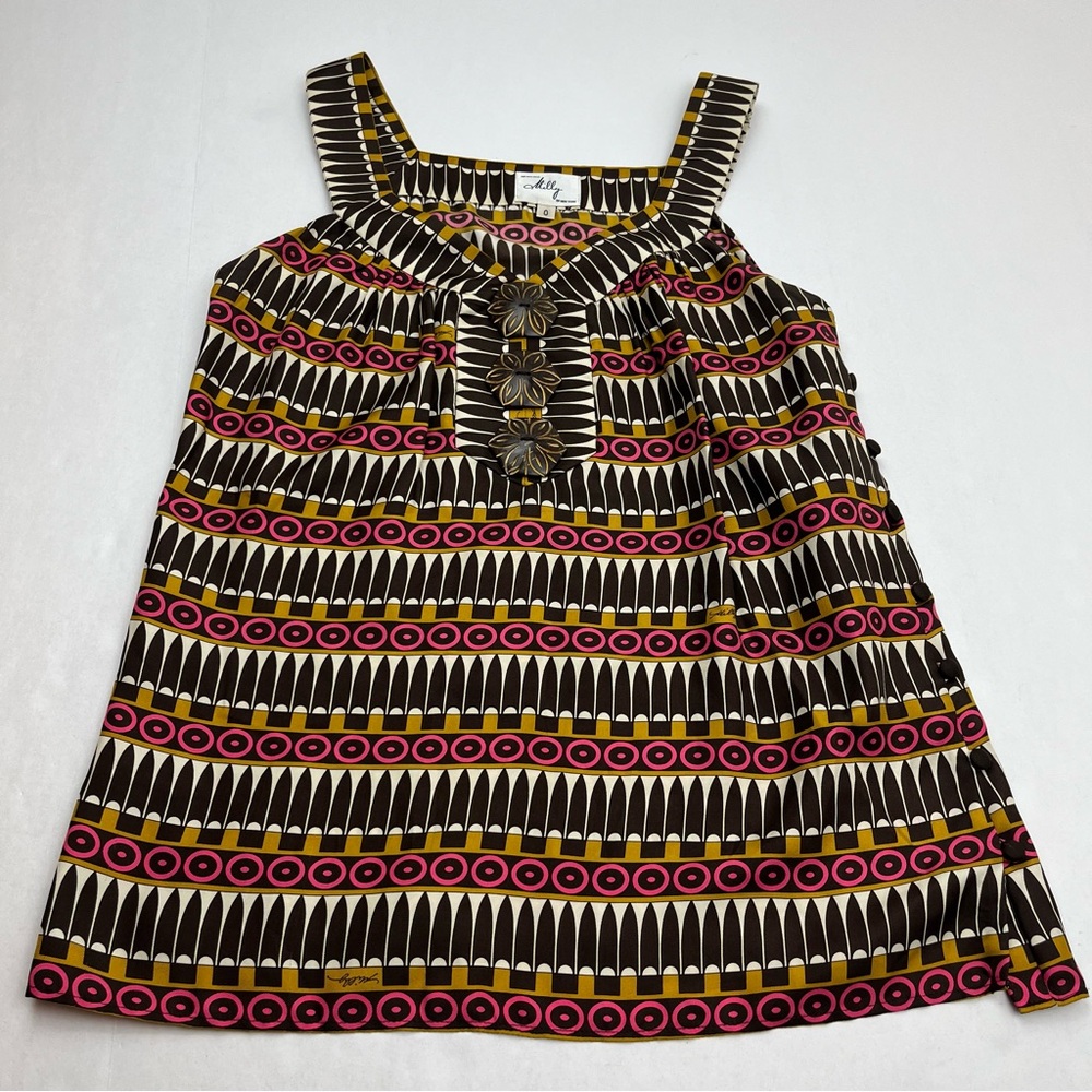 Milly Top Womens Silk Geometric Print V-Neck Sleeveless Blouse Brown Pink Size 0